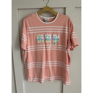 Alfred Dunner Womens 2X Peach Striped Beach Embroidered Short Sleeve Top T-Shirt